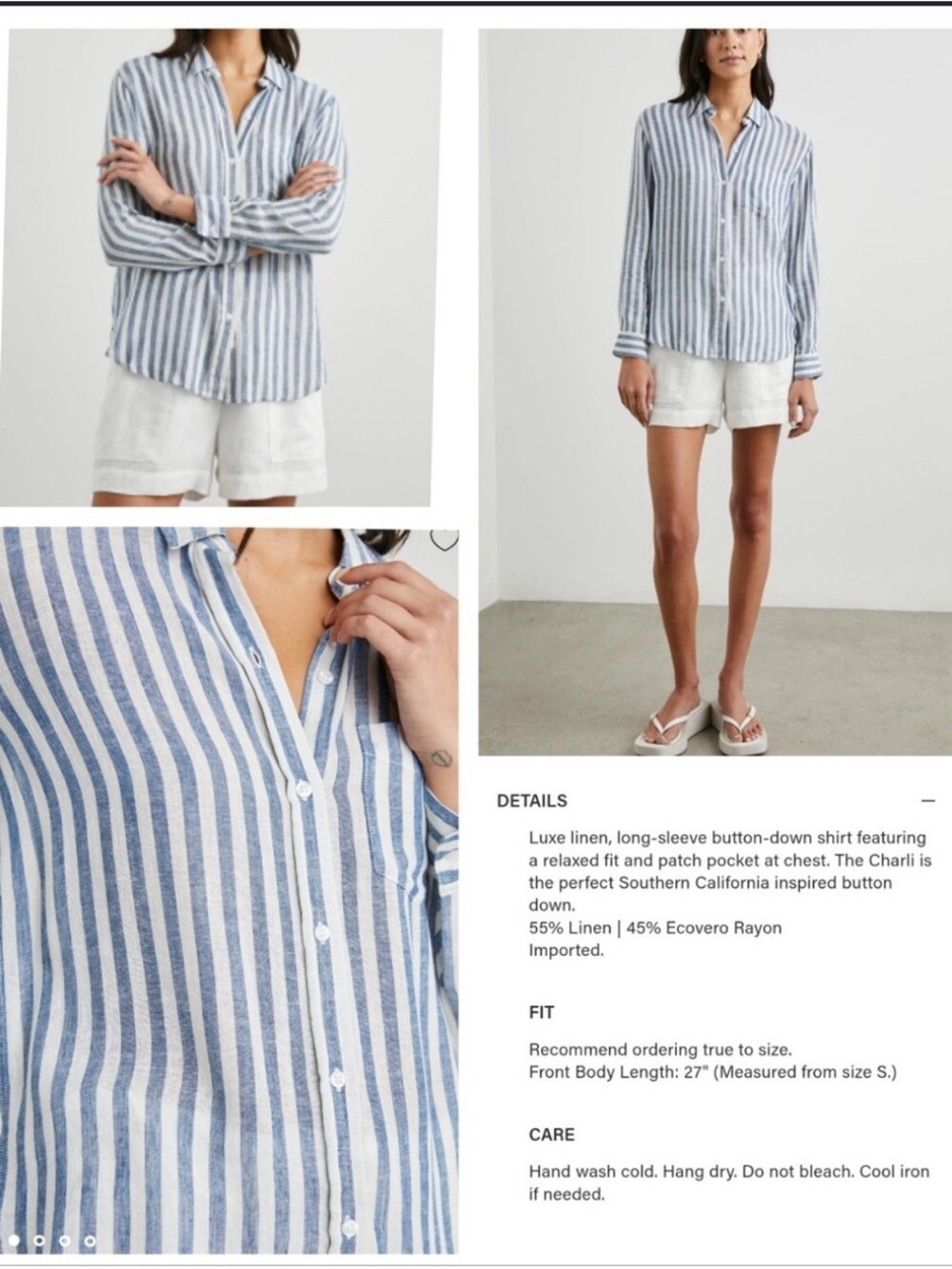 Rails "Charli" Villa Stripe Blue White Linen Blend Button Down Shirt Lightweight - Picture 3 of 17